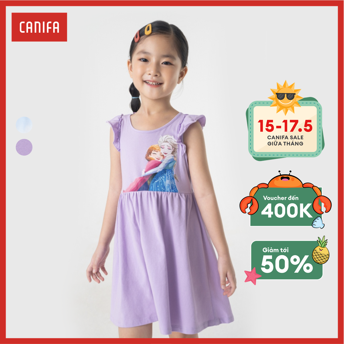 Váy liền bé gái in elsa & anna canifa váy liền chất liệu cotton, cổ tròn tay cánh tiên, dáng xoè. 1ds23s009