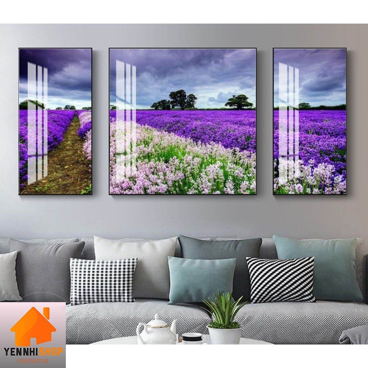Tranh tráng gương trèo tường cao 60cm dài 1,2m, tranh hoa tím Yennhi_Shop giảm giá kịch sàn