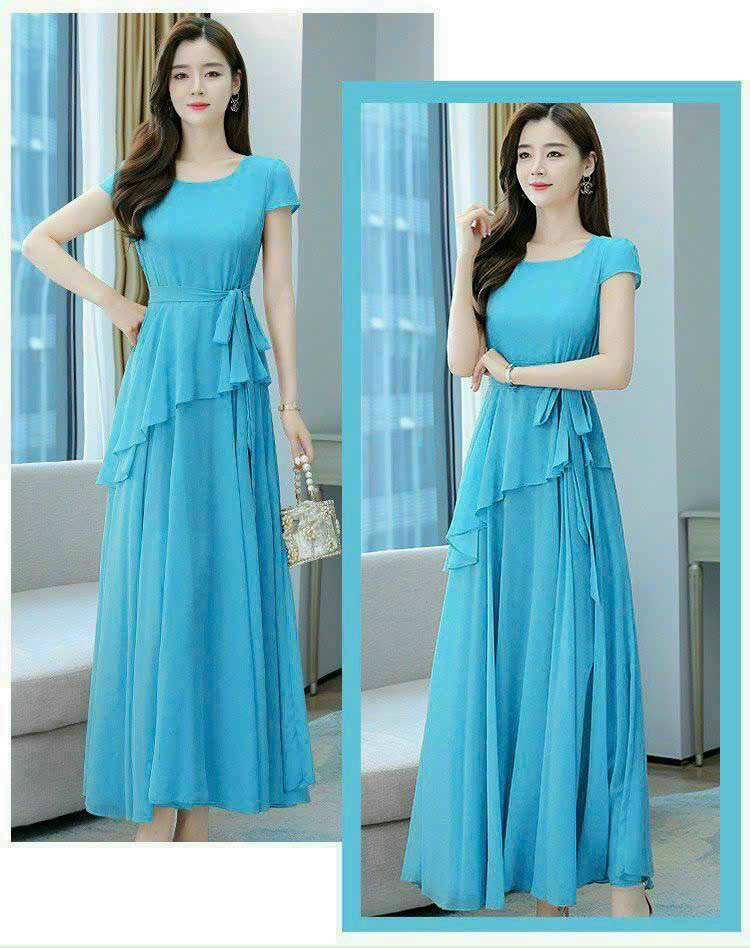 ĐẦM XOÈ THẮT DÂY EO, ĐẦM MAXI ĐI BIỂN CỔ TRÒN