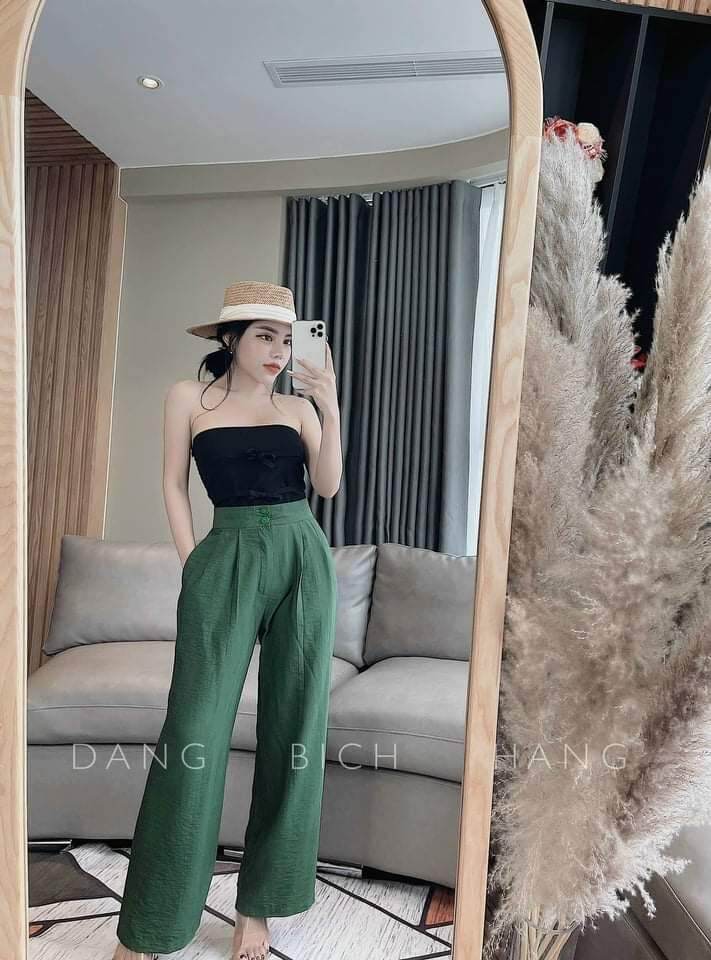 Quần đũi suông cạp chun lưng cao