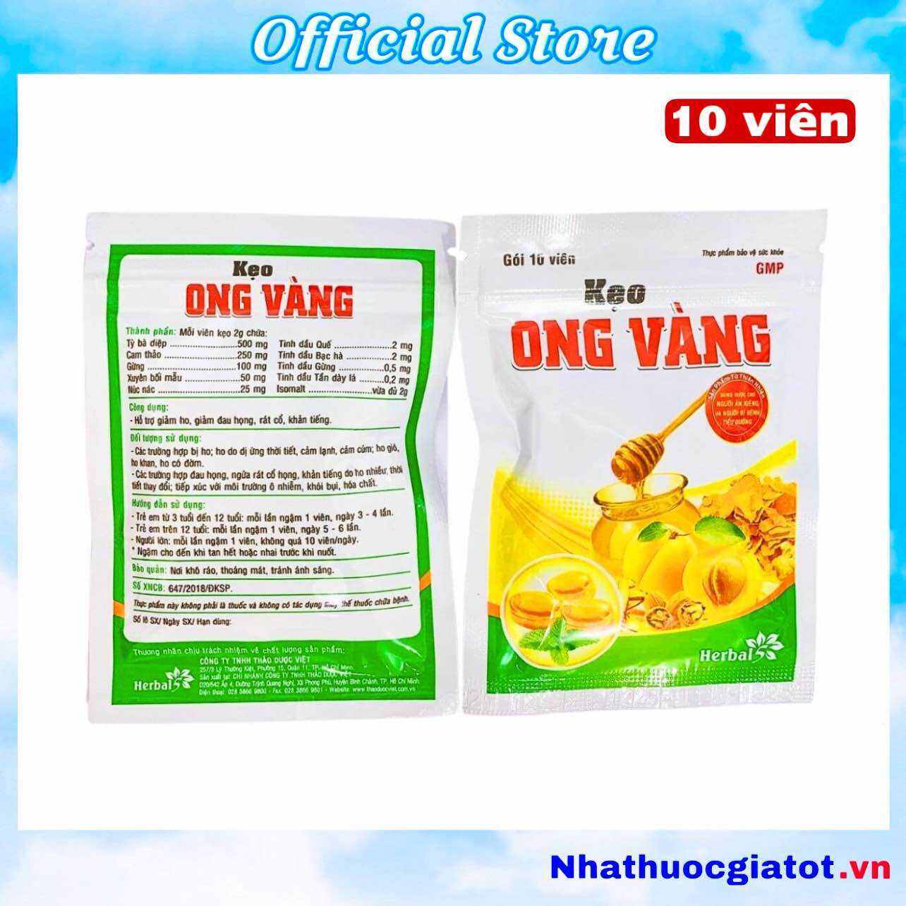 Gói 10 Viên Kẹo Ong Vàng Thông Cổ, Giảm Ho Viêm Họng, Khan Tiếng