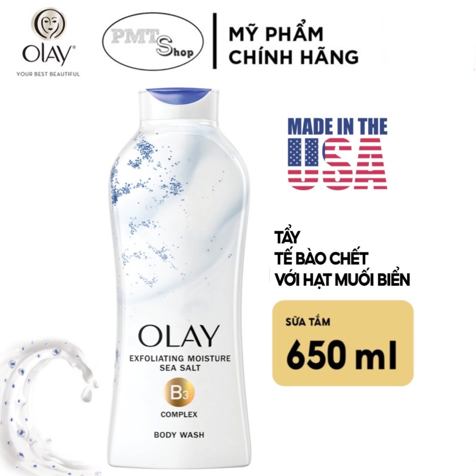 Sữa tắm Dưỡng ẩm Olay muối biển 650ml có hạt mát xa Daily Exfoliating With Sea Salts