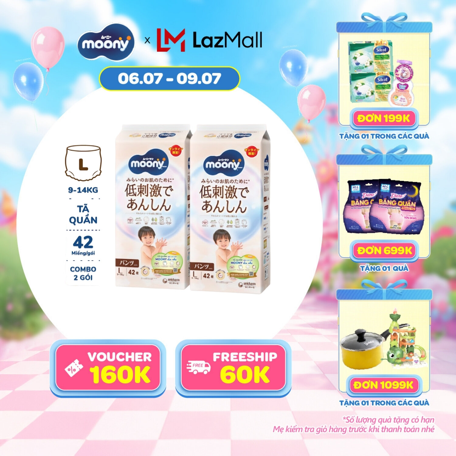 [CHỈ 14/07 tặng QUÀ TO-SLCH] [Gói Jumbo - Mới] Combo 2 tã quần Moony dịu nhẹ L42 miếng - Nhập khẩu từ Nhật Bản