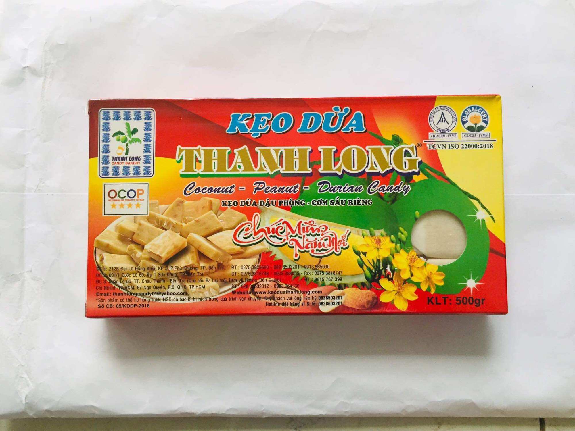 Combo 2 hộp kẹo dừa Bến Tre đậu phộng sầu riêng 500gram (Thanh Long)