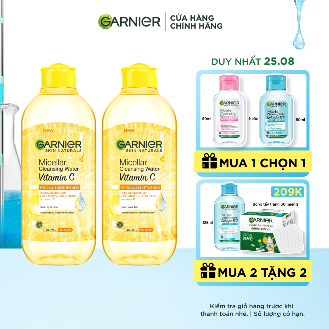 Bộ đôi nước làm sạch và tẩy trang dưỡng sáng da Garnier Micellar Water Vitamin C 400ml