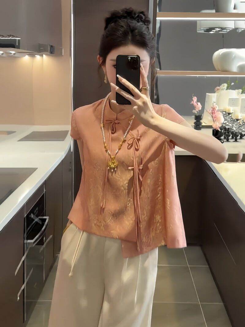 Bộ Đồ Hai Mảnh Phong Cách Trung Hoa Cổ Điển Dành Cho Nữ Mùa Hè Mới Thanh Lịch Cài Nút Cổ Đứng Quần Ống Rộng Áo Vest