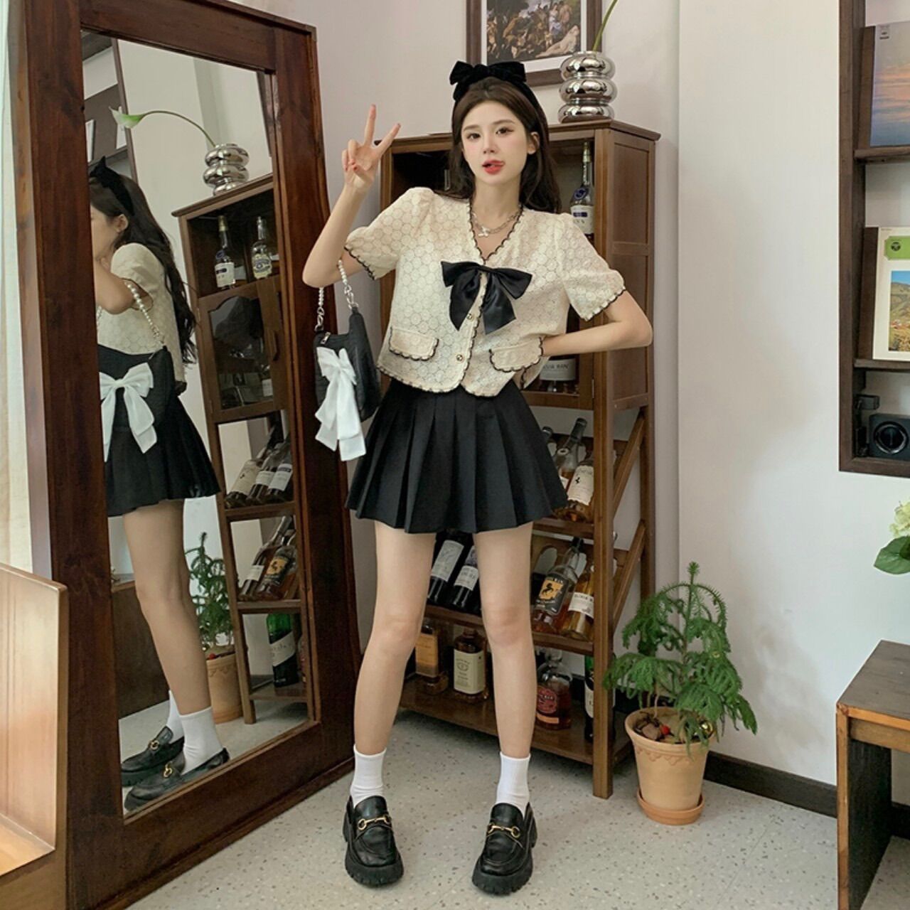 Áo Ren Tiểu Thư Croptop phối nơ cổ