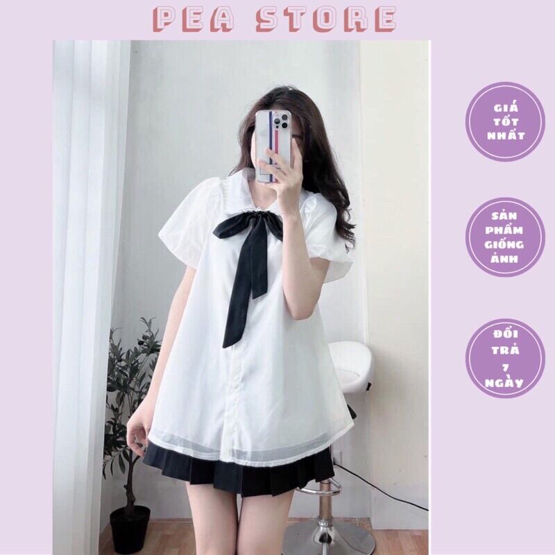 Áo sơ mi voan tơ cổ nơ 2 lớp tay bồng - Áo sơ mi voan tơ tiểu thư cổ nơ PeaStore