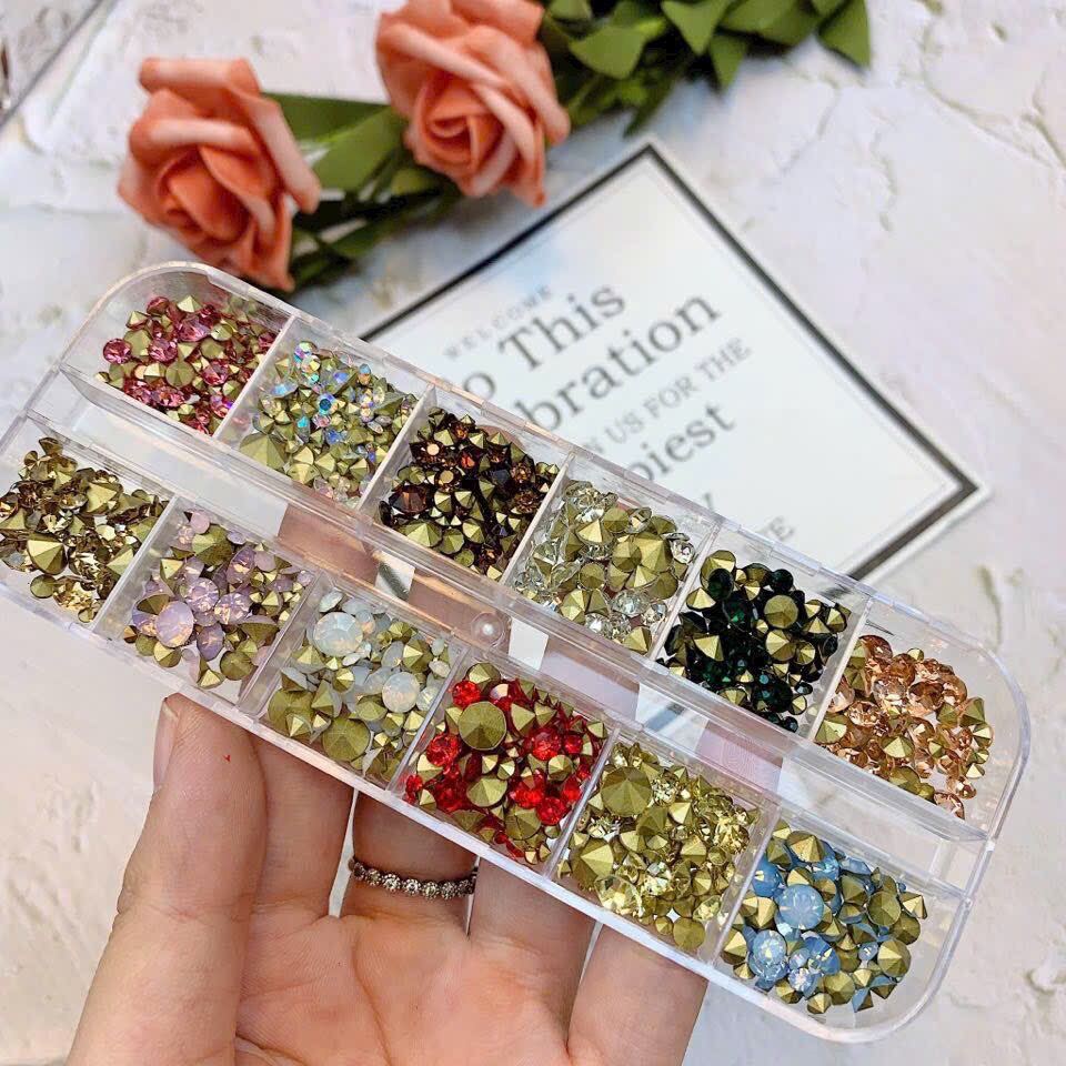 Set đá chân nhọn trang trí móng tay nail 12 màu mix đủ size siêu sáng