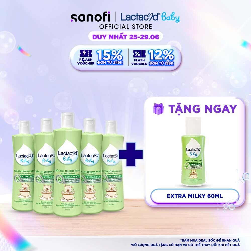 Bộ 5 chai Sữa Tắm Gội Trẻ Em Lactacyd Baby Extra Milky Làm Sạch Dịu Nhẹ và Dưỡng Ẩm Vượt Trội 250ml/chai