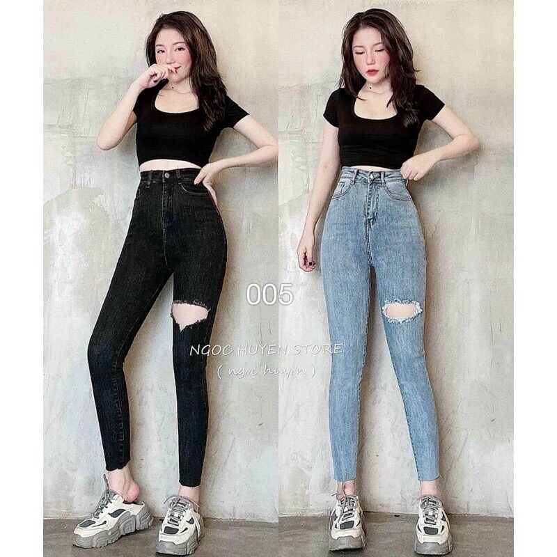 quần cạp cao chất denim co giãn rách