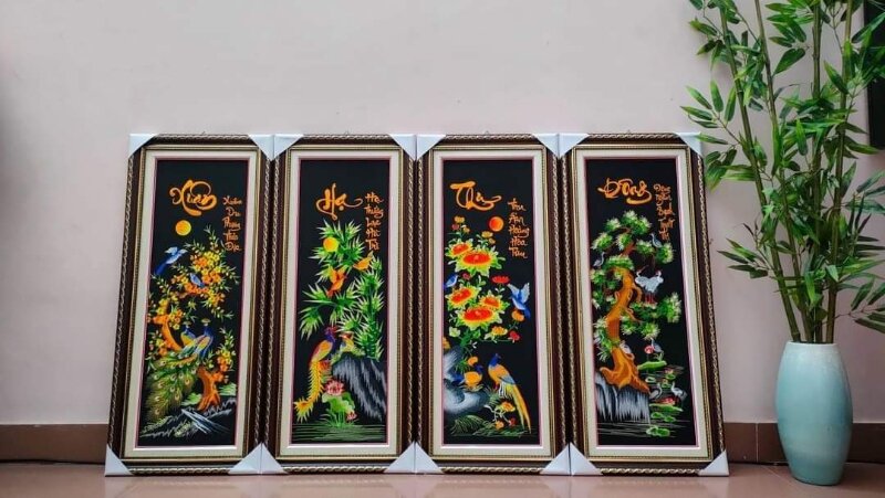 tranh tứ quý thêu sẵn