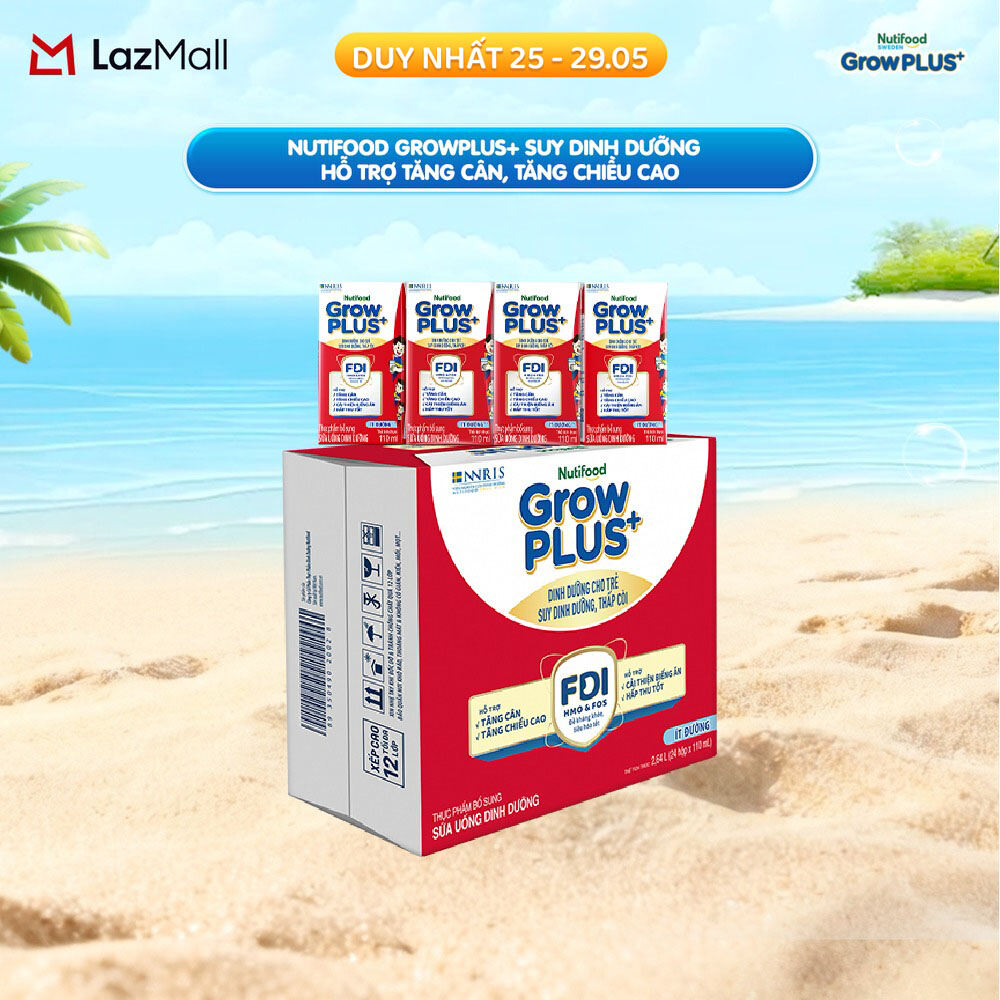 Thùng 24 hộp Sữa Nước Pha Sẵn Nutifood GrowPLUS+ Suy Dinh Dưỡng (Đỏ) - Hỗ Trợ Tăng Cân, Tăng Chiều Cao Ít đường 110ml - Trên 1 tuổi (Bao bì tùy đợt nhập hàng)