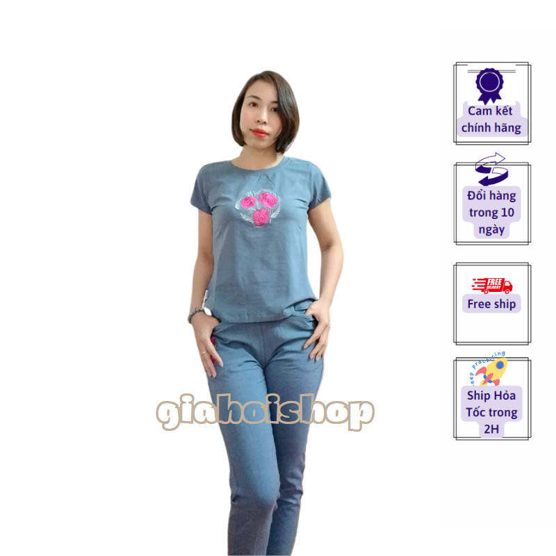 Bộ đồ nữ, Bộ mặc nhà tay ngắn quần dài chất cotton Gia Hồi size từ 48- 75kg( Hoa Đá thêu)