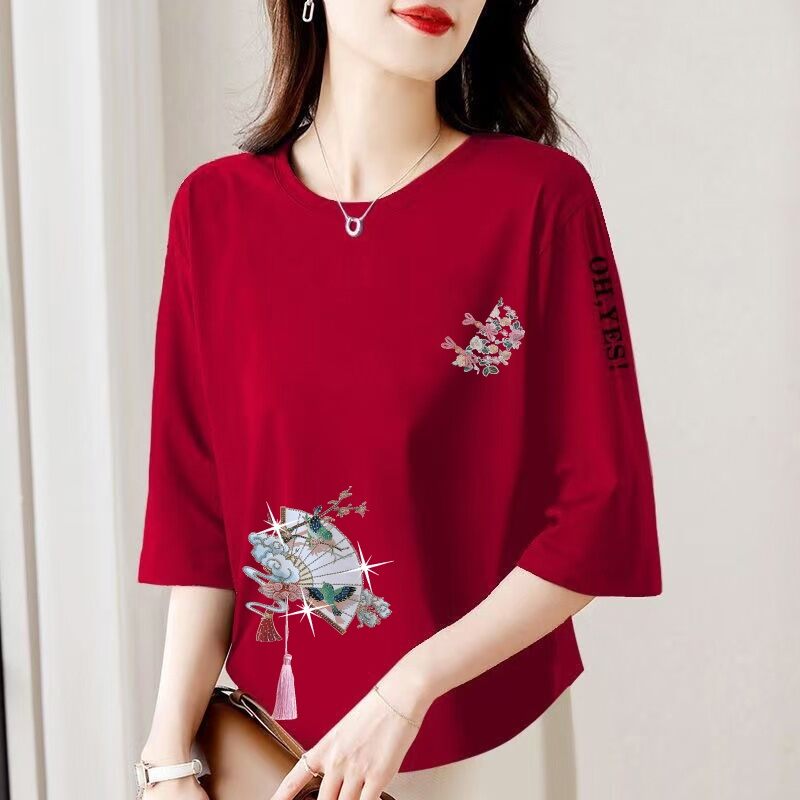 Áo Thun Tay Lửng in Họa Tiết Phong Cách Trung Hoa Rộng Rãi Cho Phụ Nữ Trung Niên Và Cao Tuổi Mùa Hè Thường Ngày