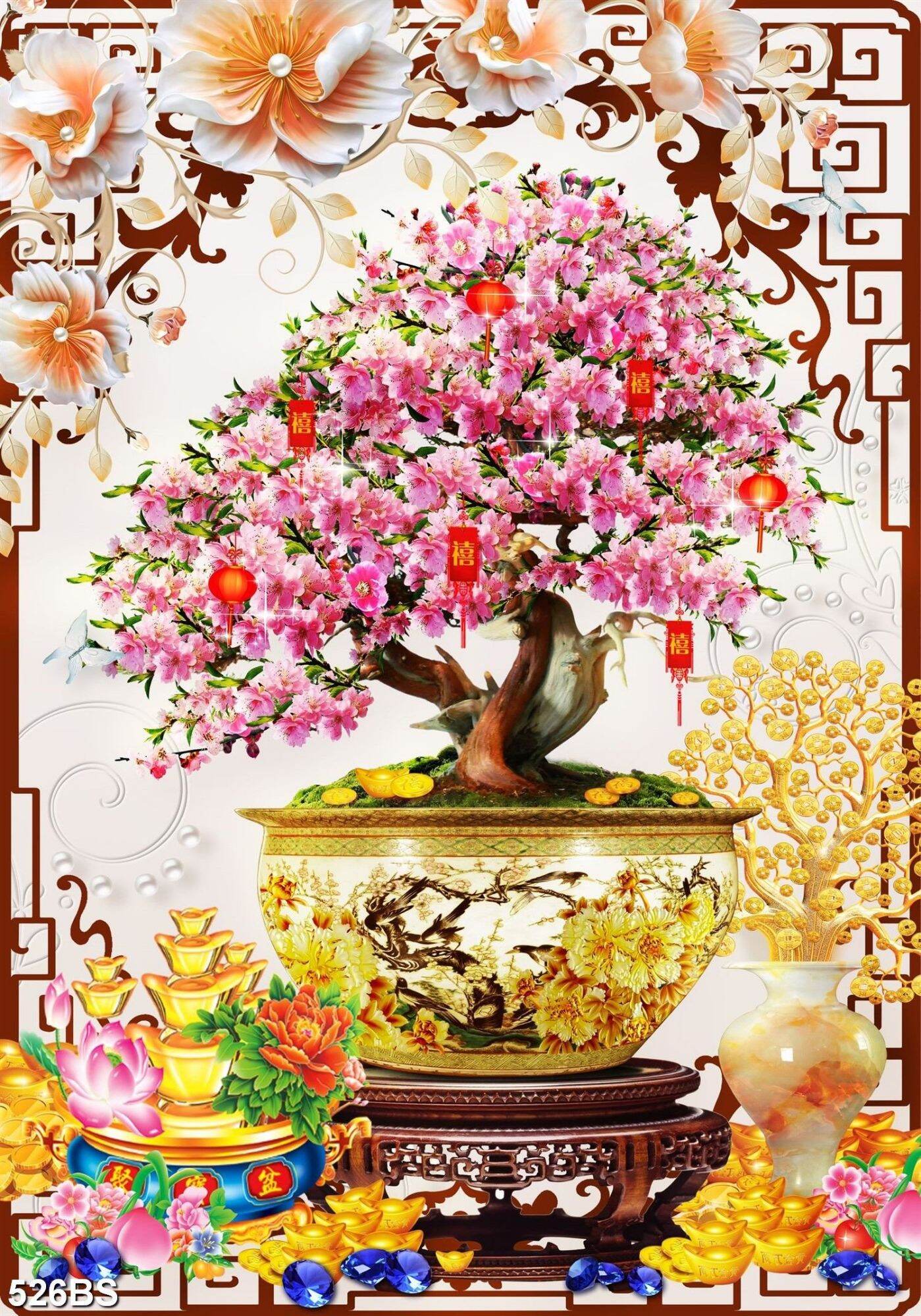 TRANH DÁN TƯỜNG 3D CHẬU BONSAI CÂY ĐÀO 526BS - TRANH CHẬU HOA CHƯNG TẾT