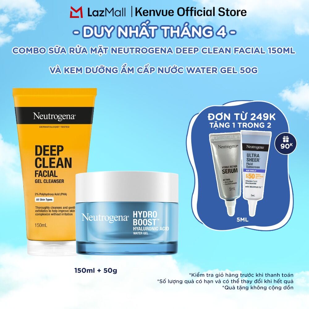 Combo Sữa rửa mặt sạch sâu Neutrogena Deep Clean Facial 150ml và kem dưỡng ẩm Water gel 50g (dành cho da dầu nhạy cảm)
