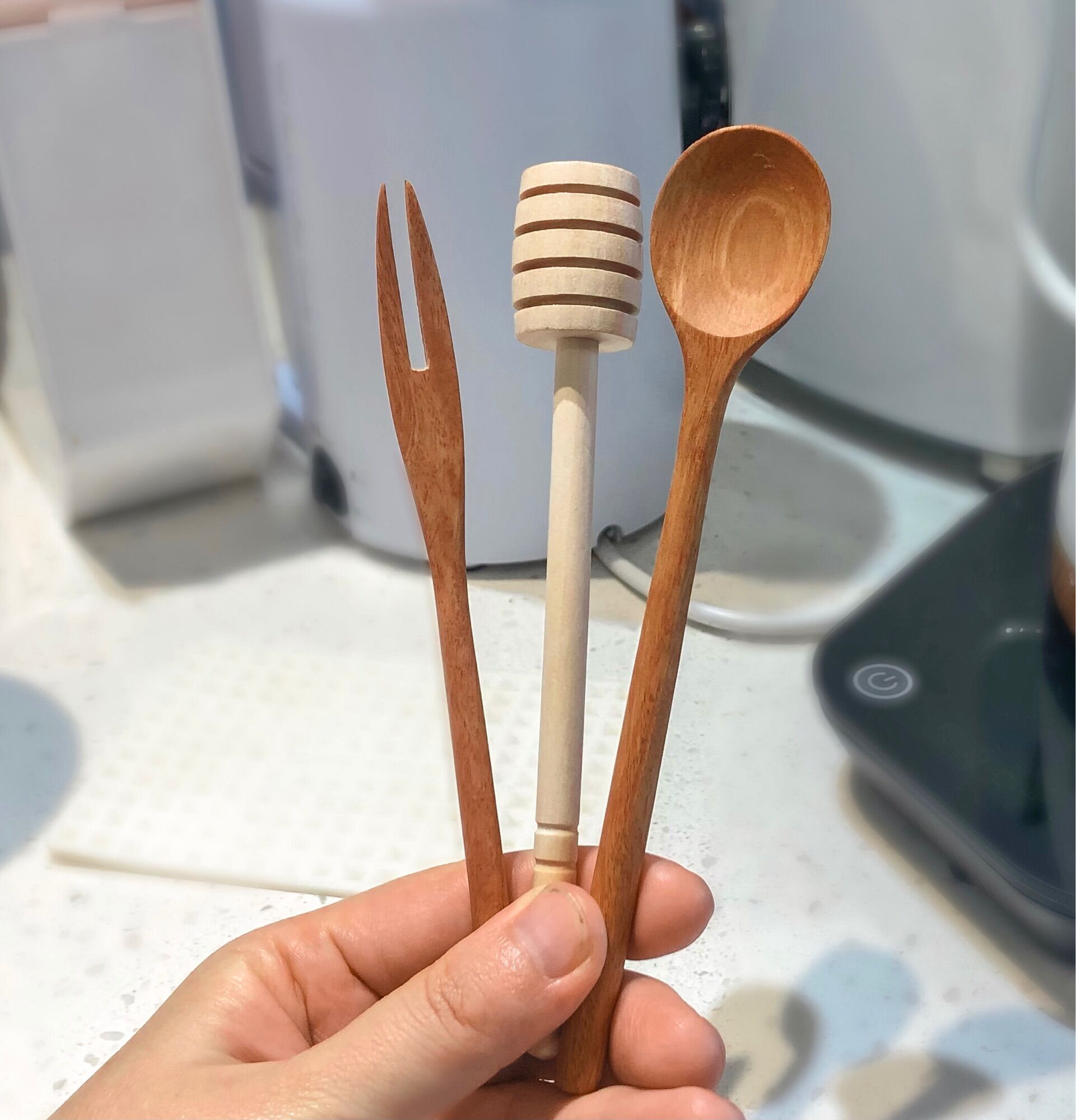 Que mật ong, set thìa gỗ, thìa lấy mật ong
