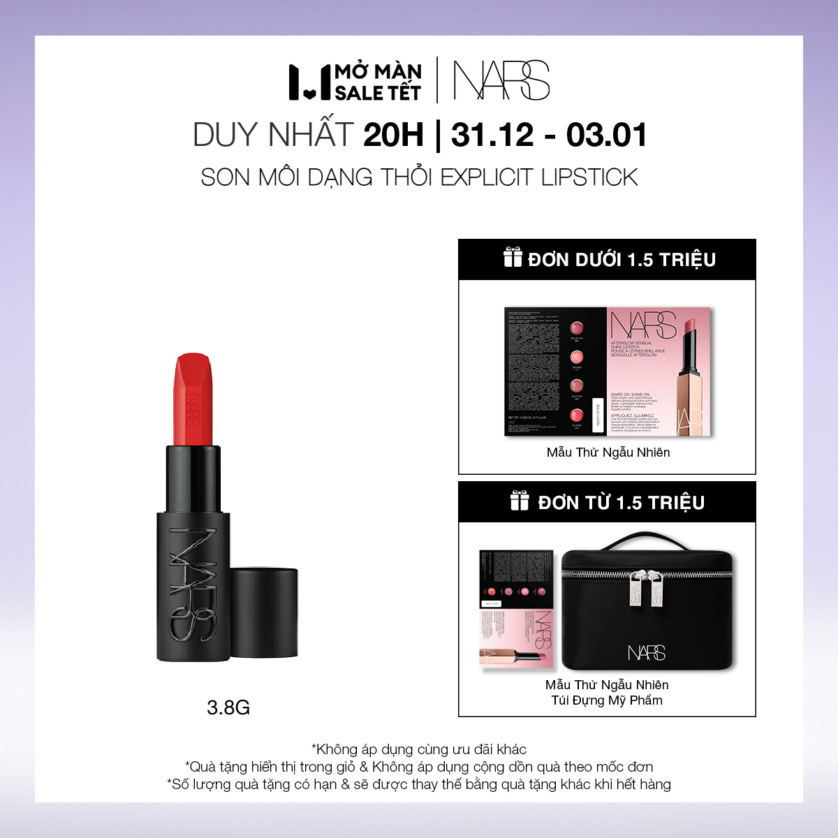 20H 31.12-03.01 MUA LÀ CÓ QUÀ Son môi dạng thỏi NARS Explicit Lipstick 3.8g
