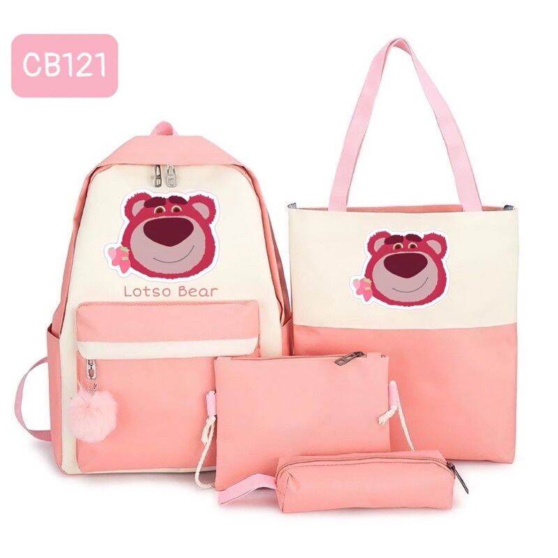 Balo 4 món combo đi học xinh gấu hồng lotso set balo 4 món thời trang ulzzang