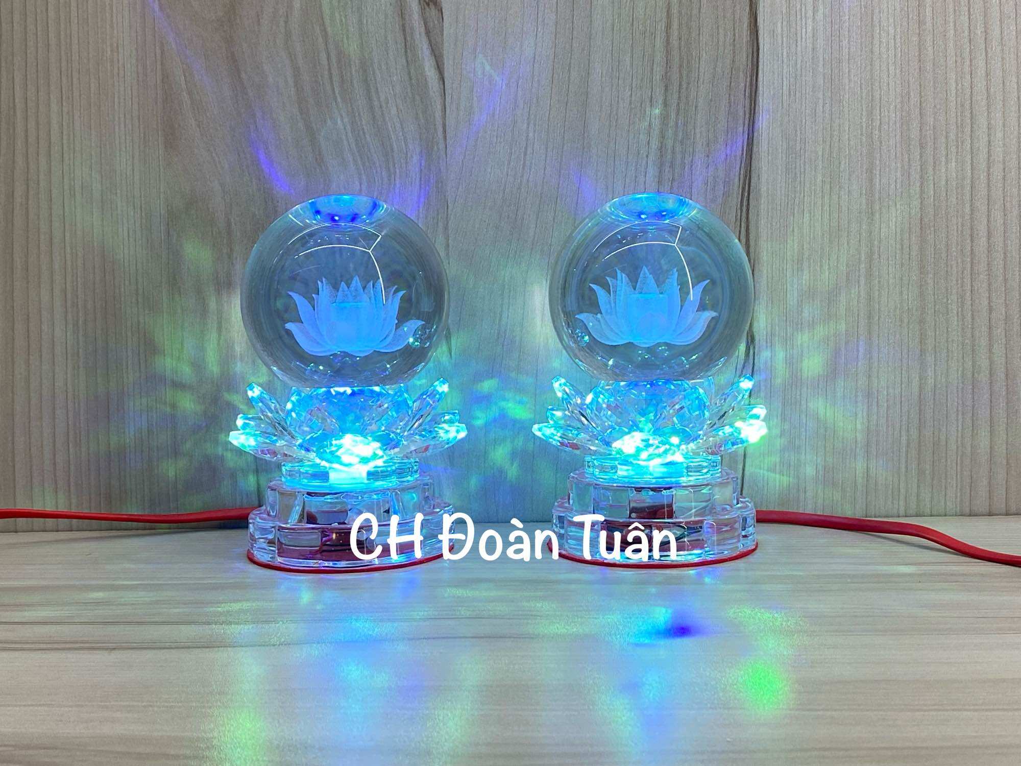 Cặp đèn thờ quả cầu pha lê-đèn cầu sen pha lê đổi màu-4 kích cỡ