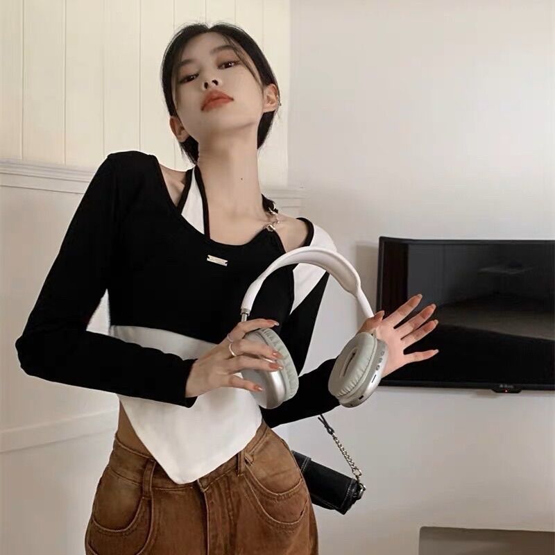 Áo kiểu tay dài vạt nhọn phối màu tròng tréo ll