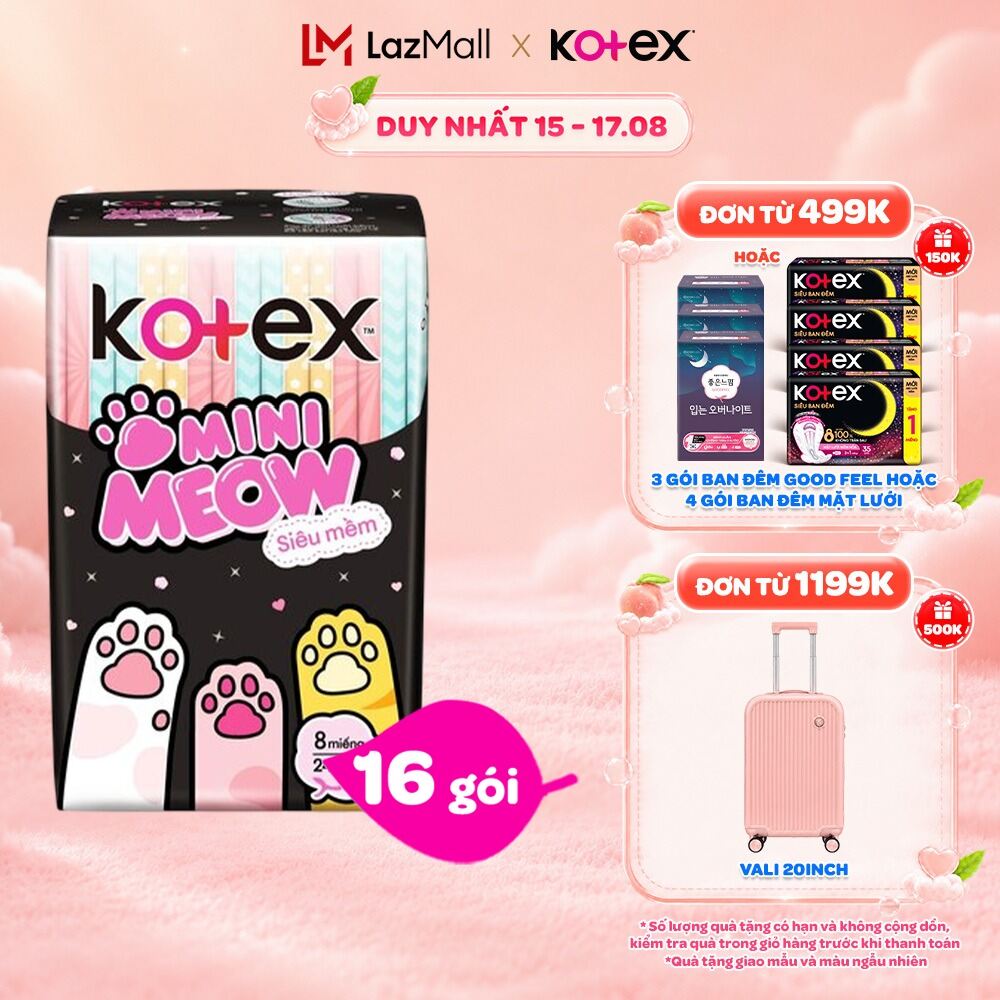 Combo 16 Băng vệ sinh Kotex MiniMeow Siêu mềm siêu mỏng cánh 8 miếng