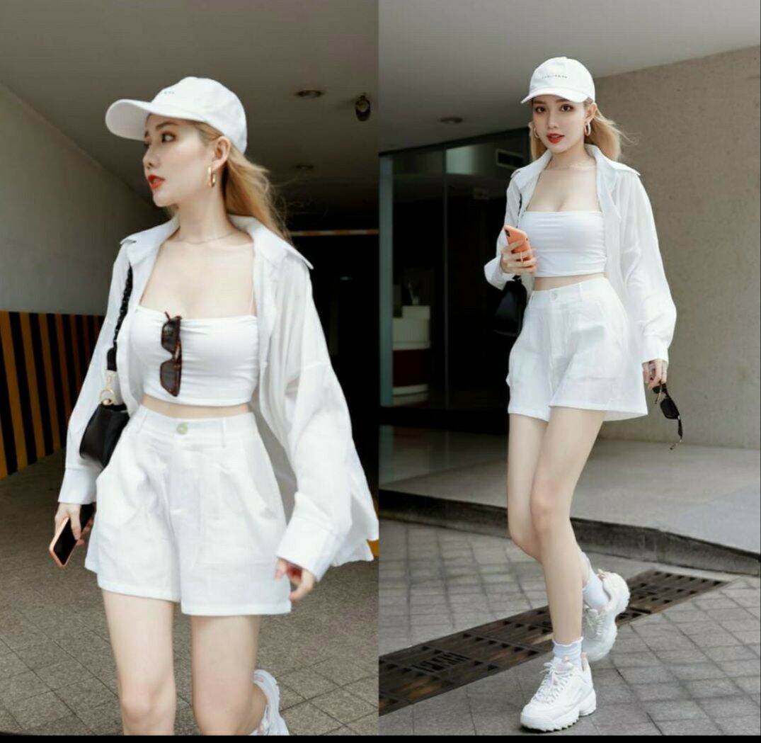 Sét áo sơ mi 3 món ( áo sơ mi vải đũi, áo ống bozip, quần short kaki)