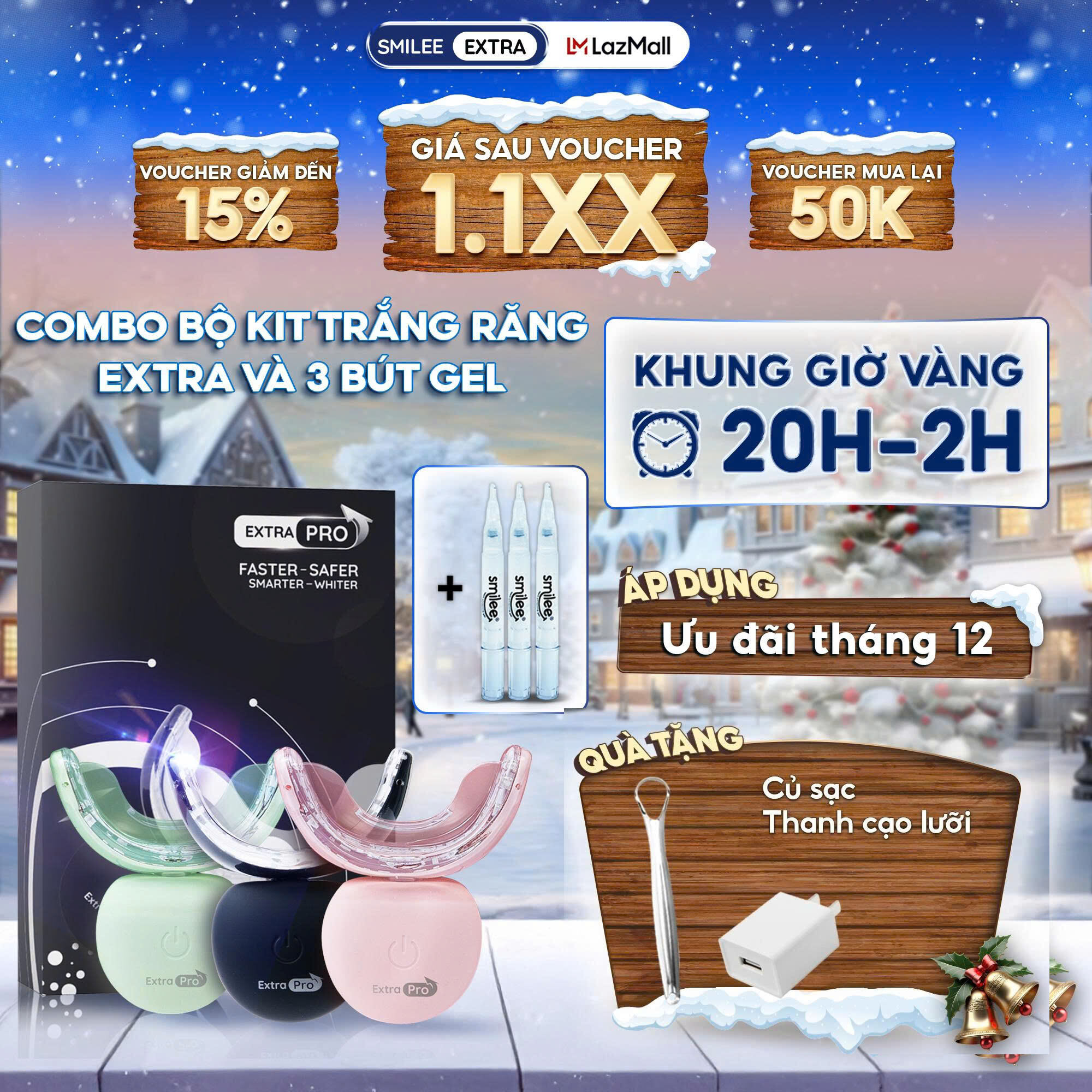 COMBO Bộ Kit Trắng răng Smilee Extra và 3 Bút Gel làm trắng răng, trắng răng từ 2-6 tone sau một liệu trình giúp răng trắng sáng tự tin tại nhà. Hàng chính hãng