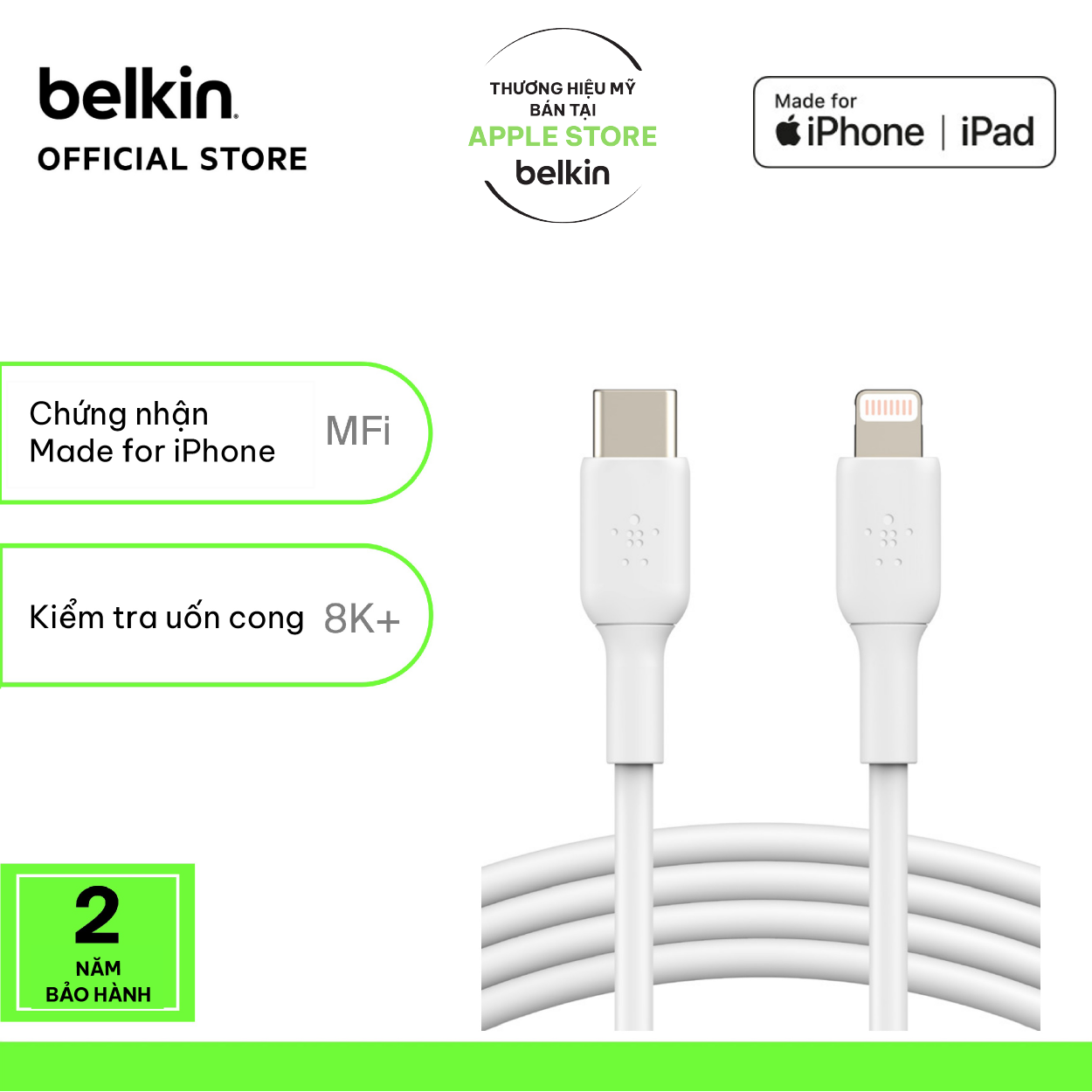 Cáp sạc nhanh USB-C to Lightning BOOST CHARGE Belkin 30W vỏ nhựa, chứng chỉ MFi - Hàng chính hãng