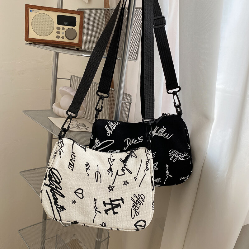 Túi Vải Canvas in Chữ Thời Trang Hàn Quốc Dành Cho Nữ Túi Đeo Vai Đơn Túi Đeo Chéo Phong Cách Nghệ Thuật Dành Cho Học Sinh