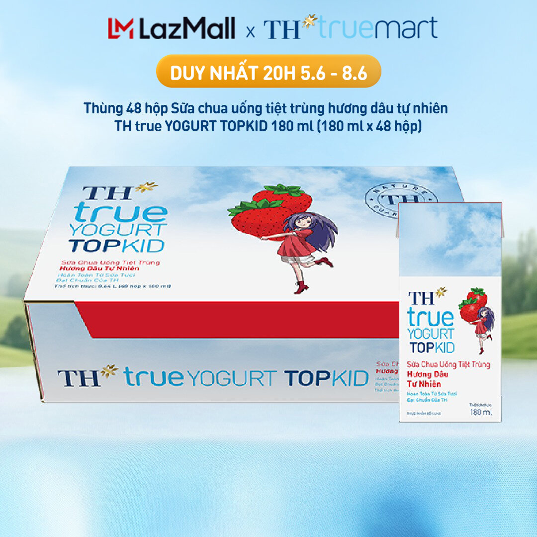 Thùng 48 hộp sữa chua uống tiệt trùng TH true YOGURT TOPKID hương dâu tự nhiên 180 ml (180 ml x 48)
