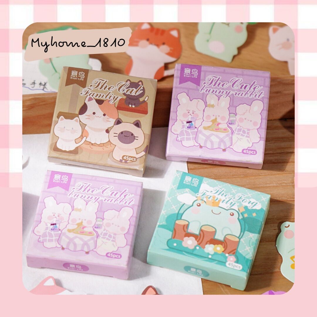 Hộp 45 miếng dán sticker hình mèo, gấu, ếch dễ thương etori life trang trí đồ vật, tủ, kệ