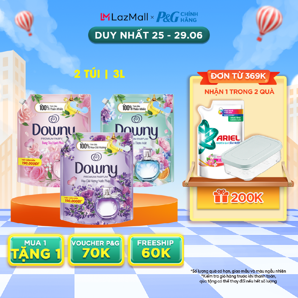 Combo 2 Túi Nước Xả Vải DOWNY 3L Nhiều Mùi Hương Yêu Thương T.Khiểt/ Bung Toả Hạnh Phúc/ Đóa Hoa Thơm Mát/ Đóa Hoa Thơm Mát/ Oải Hương