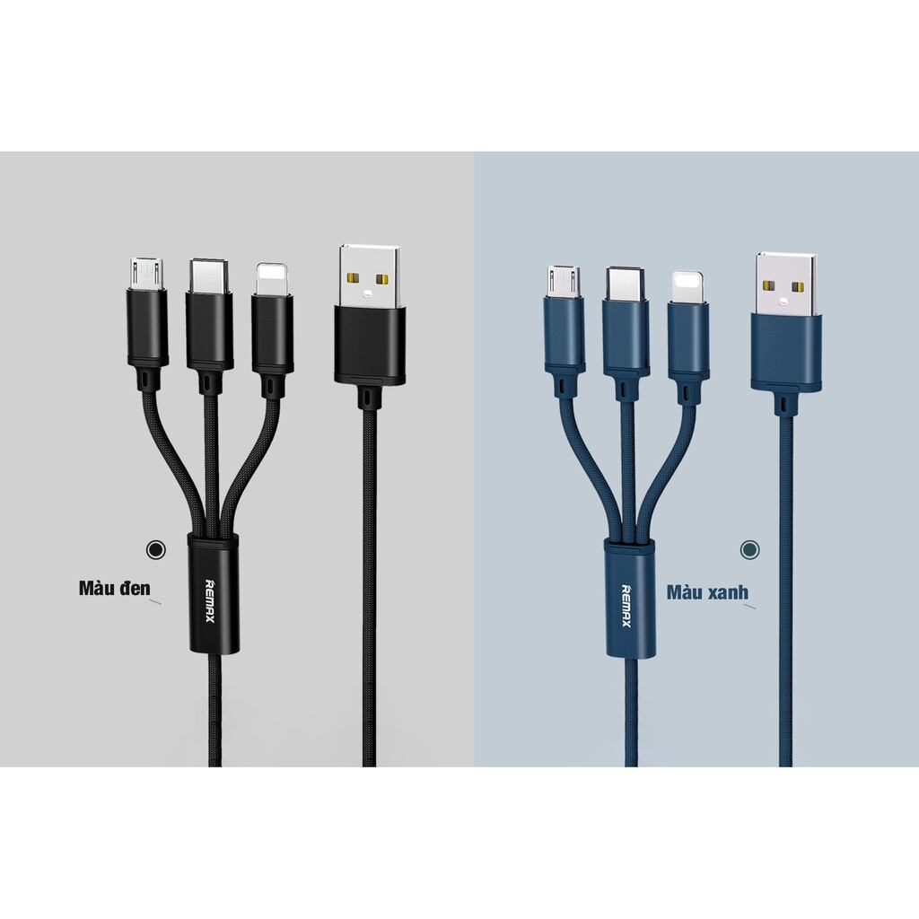 Dây sạc 3 đầu, cáp sạc 3 in 1 bọc dù remax rc-131th,lightningn,micro, typec, hàng chính hãng