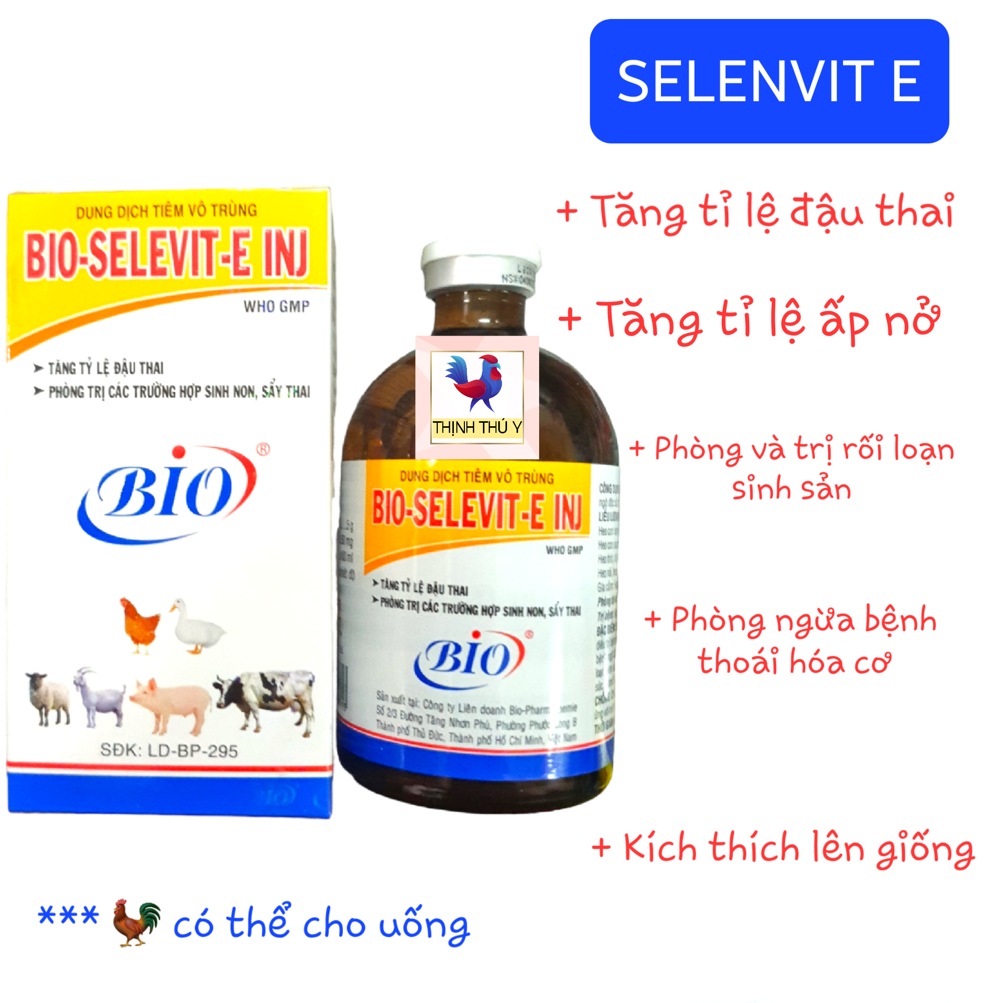 Bio SELENVIT E (100ml) - Cung cấp Selen + Vitamin E. Phòng và trị thoái hóa cơ bại liệt kích thích lên giống cho gà vịt heo bò