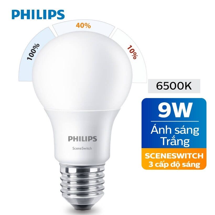 Sceneswitch a60 3s 9-70w e27 philips. bóng đèn led chuyển đổi ánh sáng 9w philips. bóng led bulb 9w 3 chế độ sáng philips.