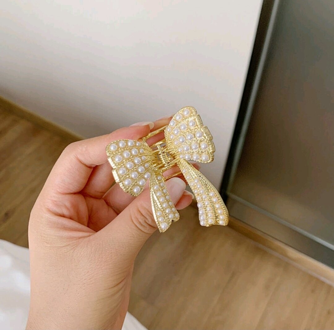 Kẹp Tóc Nơ Đính Đá Và Ngọc Trai Phong Cách Vintage