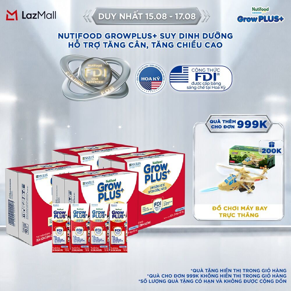 Combo 2 Thùng 48 hộp Sữa Nước Pha Sẵn Nutifood GrowPLUS+ Suy Dinh Dưỡng (Đỏ) Ít đường 180ml - Hỗ Trợ Tăng Cân, Tăng Chiều Cao - Trên 1 tuổi (Bao bì tùy đợt nhập hàng)
