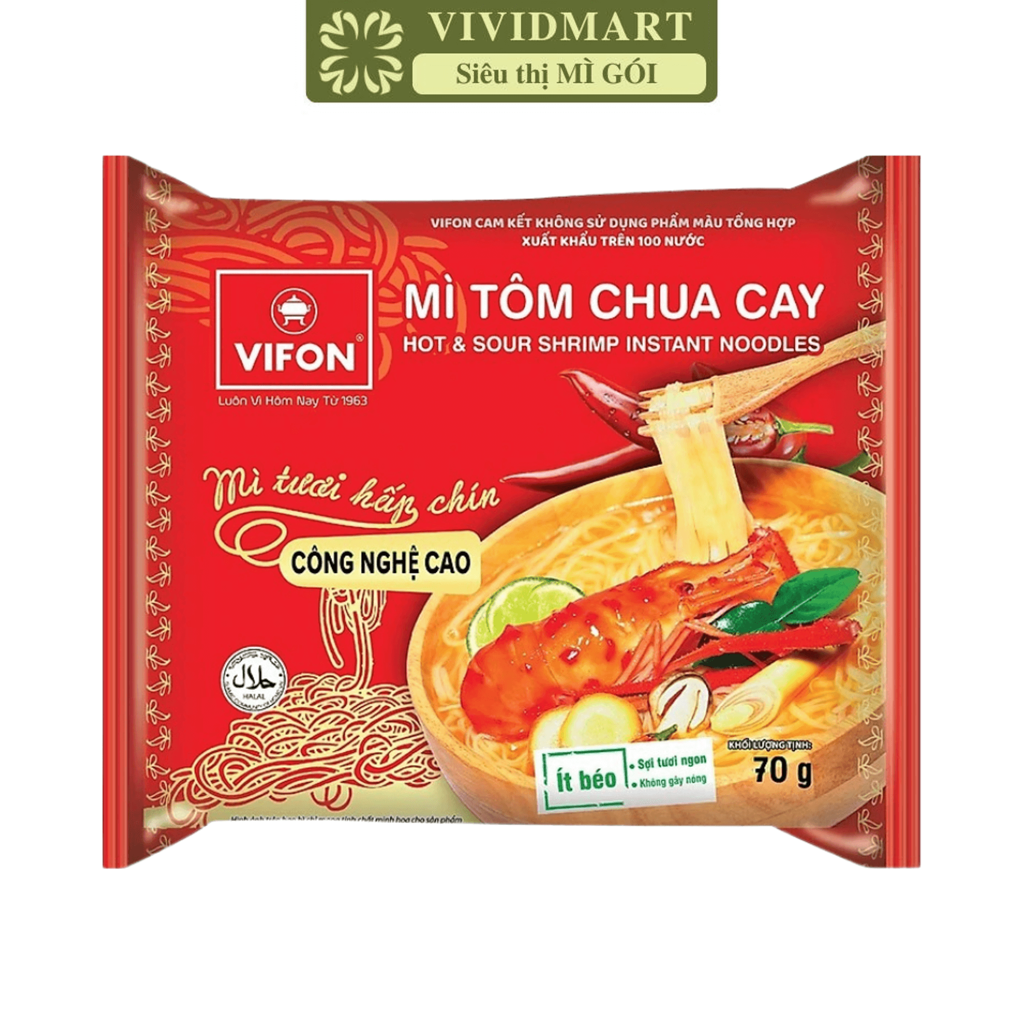 [1 PACKAGE] - VIFON - INSTANT NOODLE 3 FLAVOURS: MIXED PORK FLAVOUR, HOT SOUR SHRIMP FLAVOUR, BEEF WITH WINE SAUCE FLAVOUR (70G/PACKAGE)