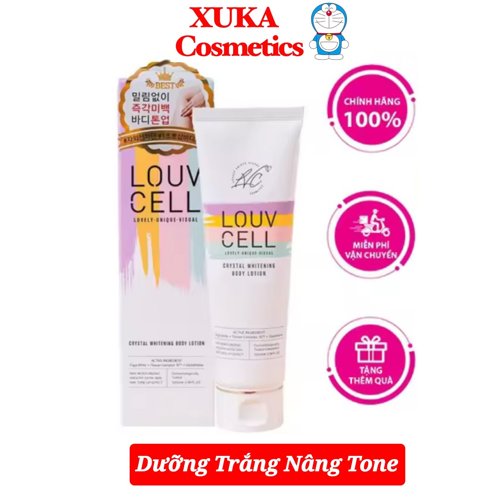 Kem dưỡng trắng Makeup body Louv Cell Crystal Whitening Body Lotion LOUVCELL Tuýp 120ml