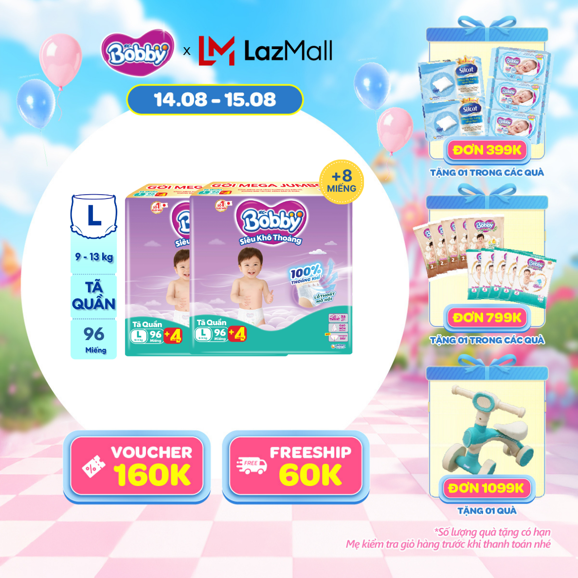 [12-14.08 QUÀ TO][TẶNG MIẾNG NGẪU NHIÊN] Combo 2 Tã/bỉm quần Bobby 3mm Mega Jumbo Siêu khô thoáng L96