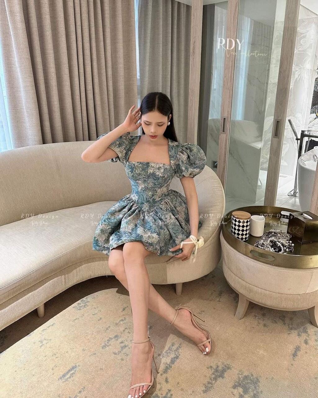 Đầm xòe đi tiệc gấm hoa tay phồng (hàng cao cấp, shop tự chụp)