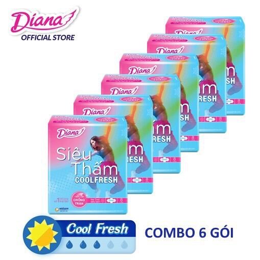 Bộ 6 gói Băng Vệ Sinh Diana siêu thấm COOL FRESH cánh 8M