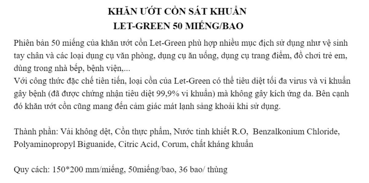 [50 TỜ] KHĂN ƯỚT CỒN DIỆT KHUẨN LET-GREEN 50 MIẾNG/BAO