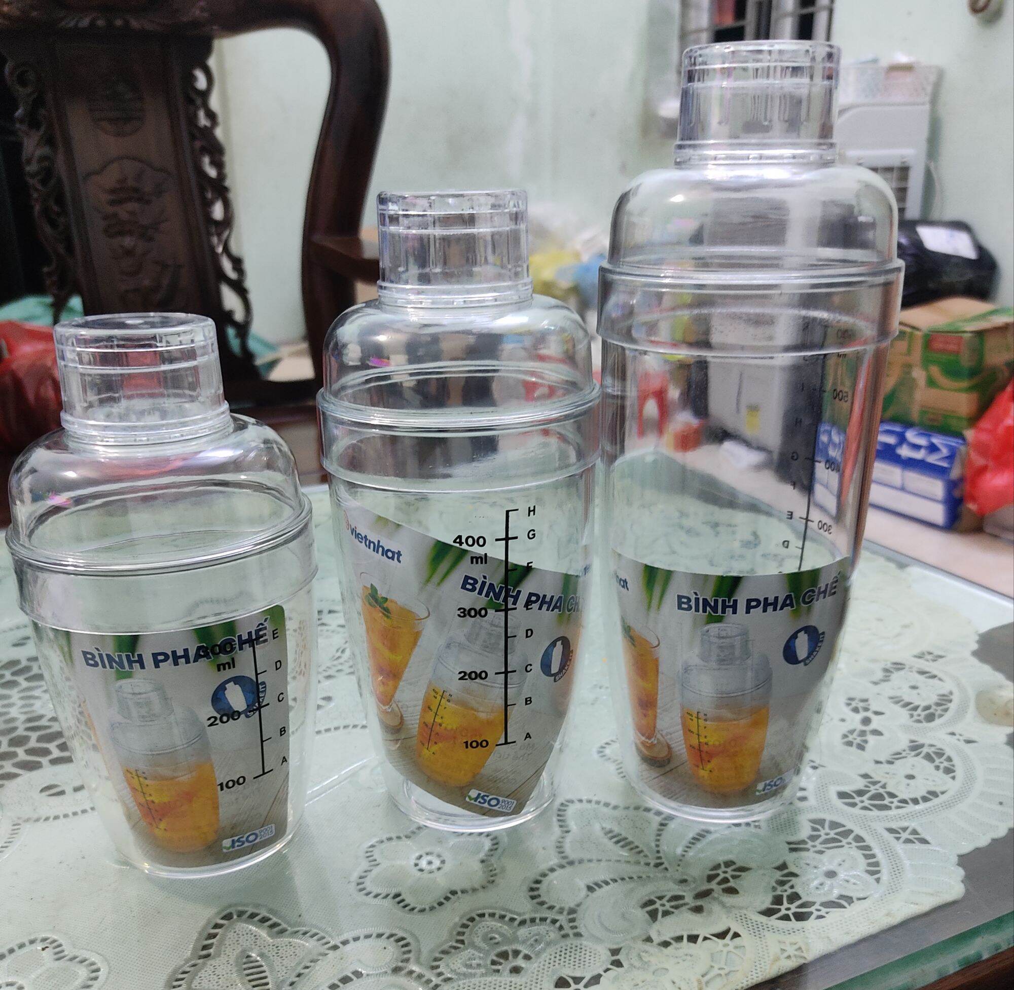 Bình lắc pha chế trà sữa cocktail chia vạch thể tích có 3 size 320ml, 460ml, 600ml nhựa Cao cấp nguyên sinh