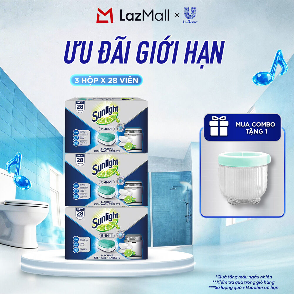 Combo 3 Hộp Viên Rửa Chén Bát Sunlight 5 In 1 Cho Máy Rửa Chén Bát (28V/Hộp) (bao bì tùy lô nhập hàng)