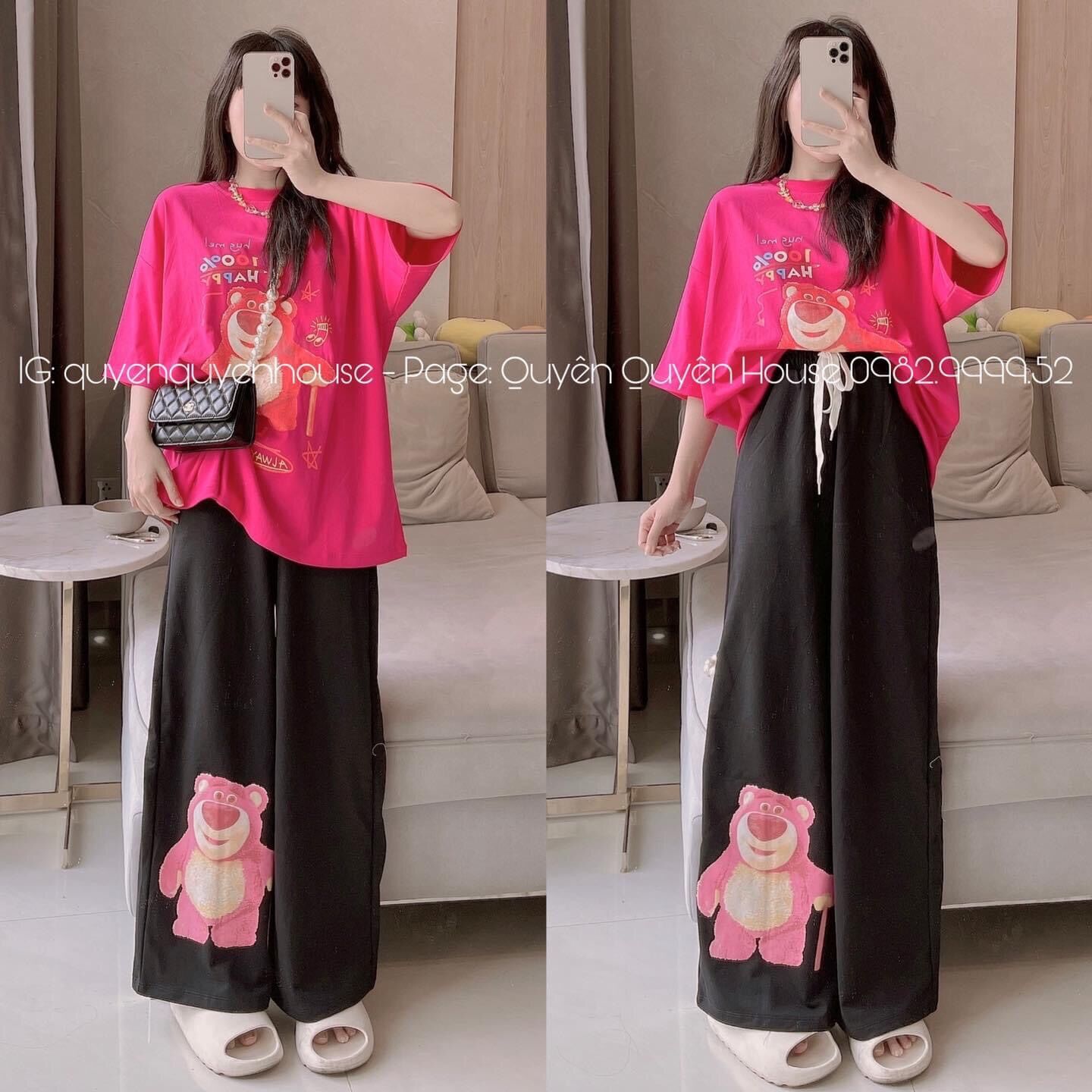 Set quần suông in gấu áo cotton gấu hàng cao cấp