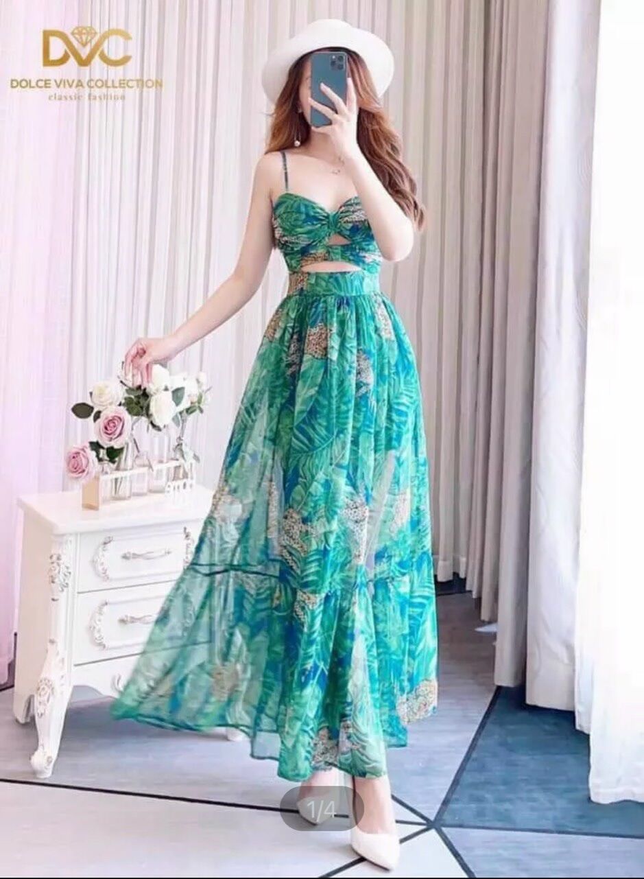 Đầm maxi đi biển hoạ tiết hoa lá hàng cao cấp