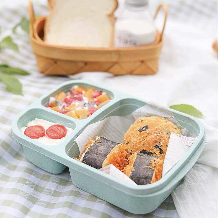 Khay Đựng Cơm Đựng Đồ Ăn 3 Ngăn Có Nắp Đậy Chất Liệu Lúa Mạch